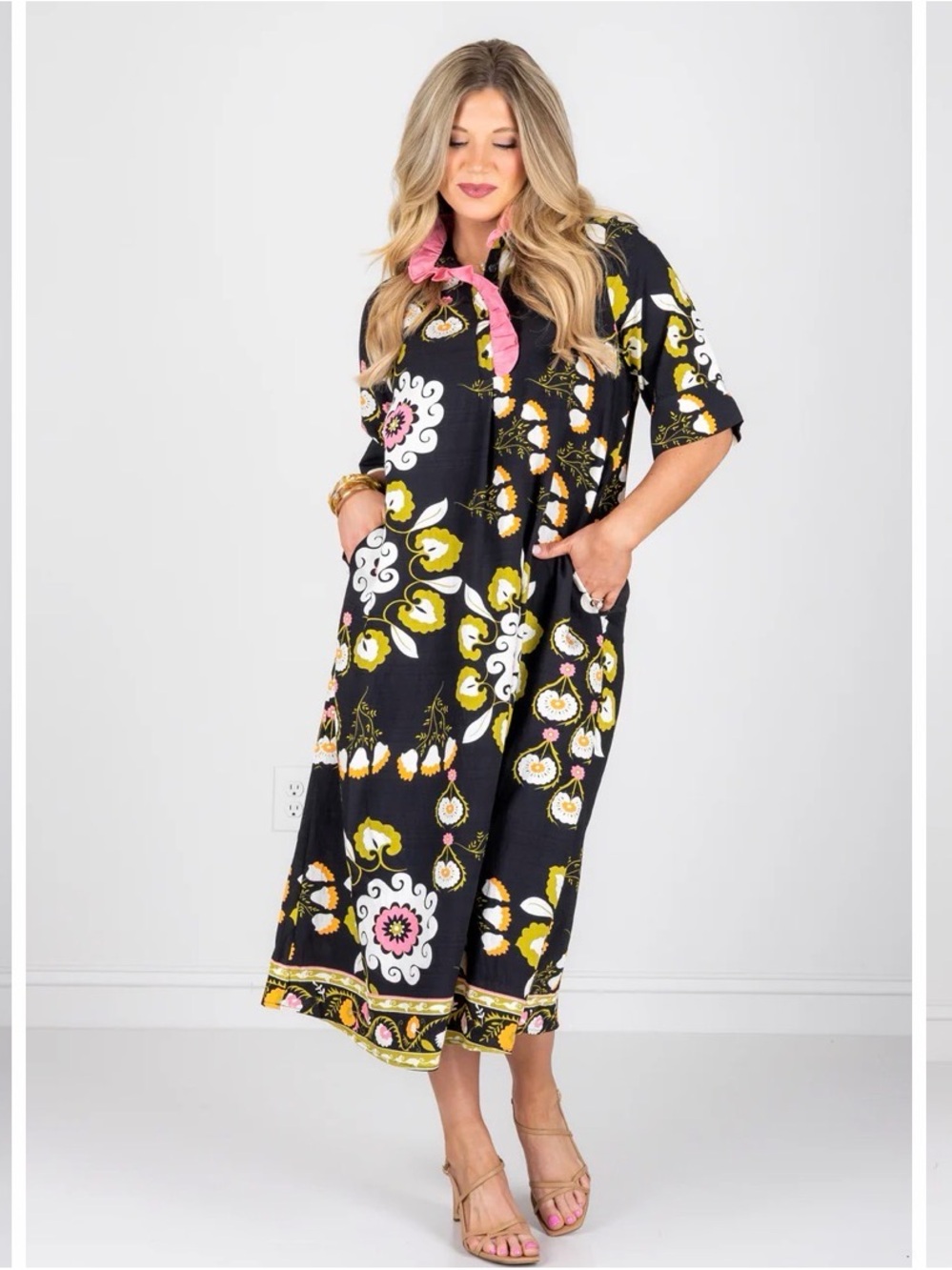 JODIFL Black Floral Dress with Pink Ruffle Trim